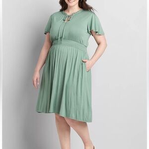 Lane Bryant Sage Green Knit Fit & Flare Casual Knit Tie Neck Knee Length Dress